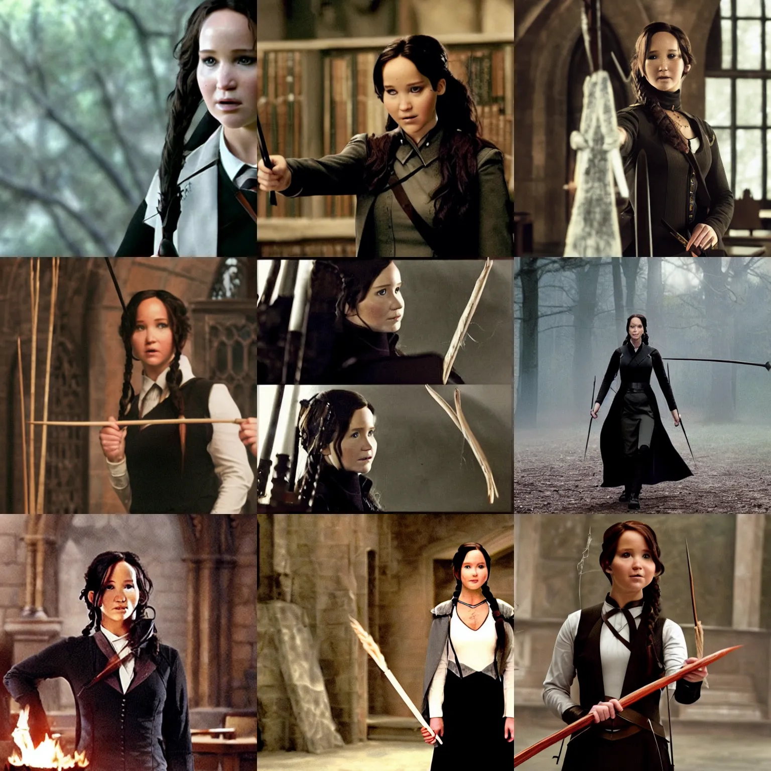 Prompt: Katniss Everdeen as a witch at Hogwarts school, in a classroom, wearing a black blazer, white shirt and grey skirt, holding the elder wand, film still from 'Harry Potter and the Order of the Phoenix'