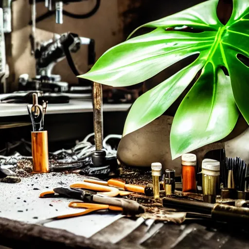 Prompt: A close-up shot of a metal table with laboratory tools and materials in an abandoned biopunk laboratory, plants everywhere, jungle themed, monstera, life,