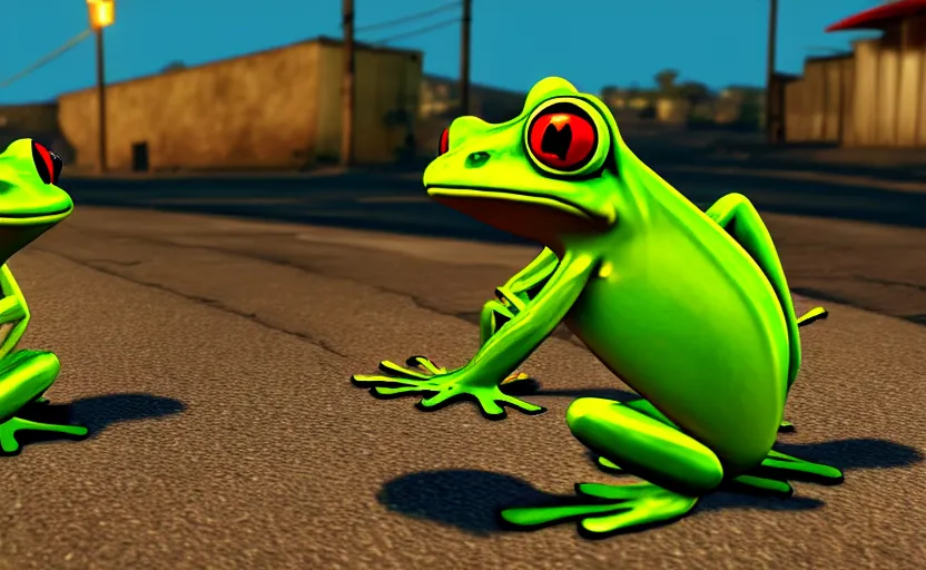 Image similar to two frogs in love in gta san andreas, cinematic shot, 4 k, night time