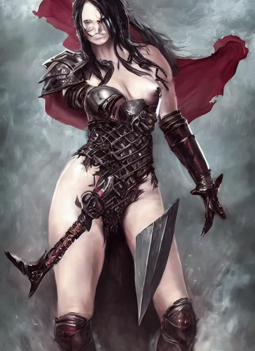 Prompt: dnd art, female vampire warrior, no shoes, barefoot, exposed toes, nail polish, black full plate armor, historical armor, realistic armor, muscular, covered chest, full body portrait, carnival mask, giant two - handed sword dripping blood, flying, grinning, realistic.