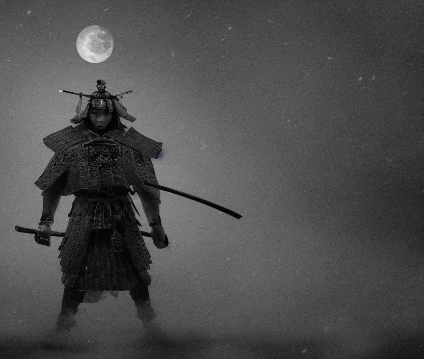 Image similar to '2d design graphic a samurai in the night ,big white moon background , gloomy and foggy atmosphere, octane render, horror scene, highly detailded style of Moebius, black and white ink '