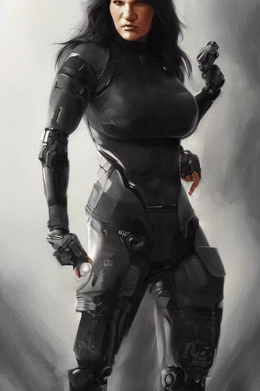 Image similar to gina carano with robotic left arm, casual black clothing, casual pose, large portrait, cyberpunk, digital painting, artstation, concept art, smooth, 8 k frostbite 3 engine, ultra detailed, art by artgerm and greg rutkowski and magali villeneuve