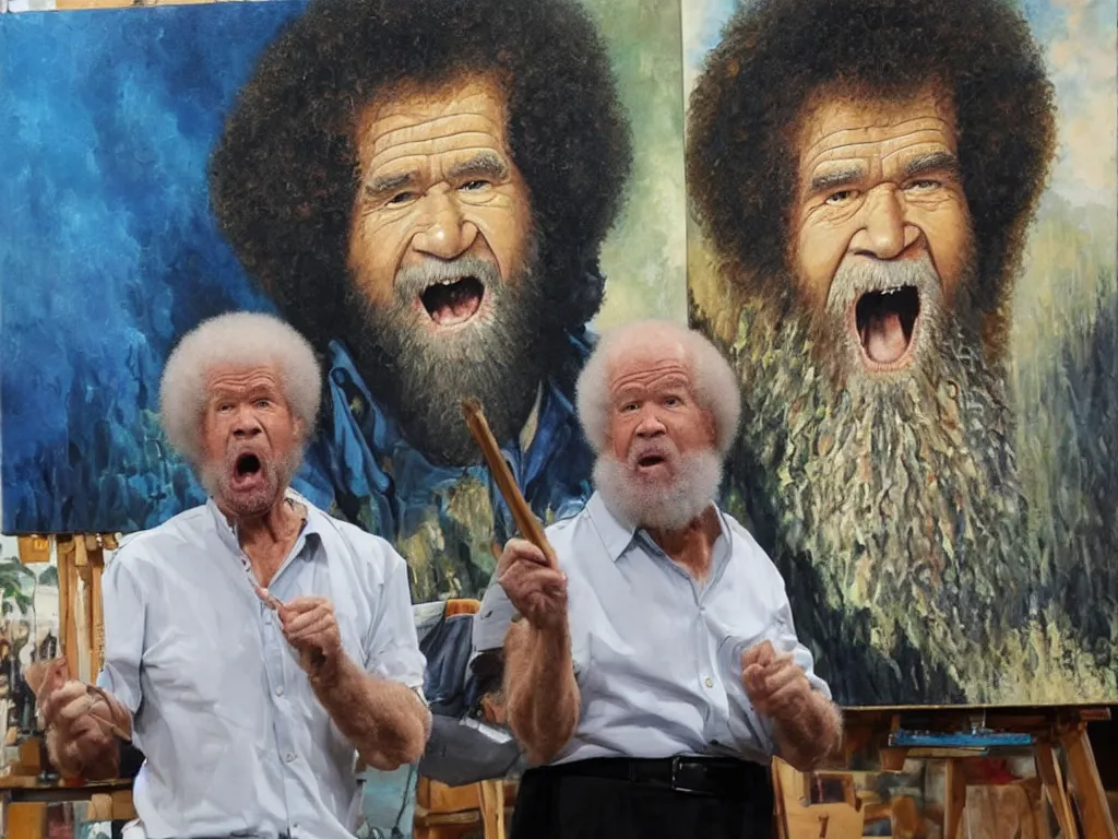 Image similar to old bob ross is sad and angry and yelling at a huge painting by bob ross