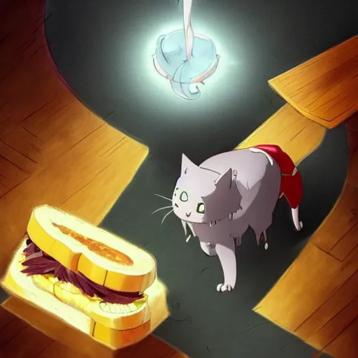 Image similar to a scared cat cowardly running away from the giant carnivorous sandwich, artstation hq, dark phantasy, stylized, symmetry, modeled lighting, detailed, expressive, true unsimulated emotions, created by hayao miyazaki