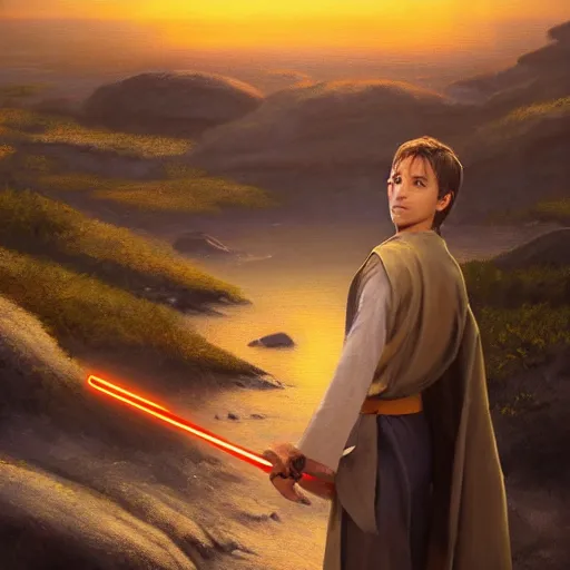 Image similar to a young male jedi with short dark blonde hair standing still looking at the sunset concept art by Doug Chiang cinematic, realistic painting, high definition, concept art, portait image, path tracing, serene landscape, high quality, highly detailed, 8K, soft colors, warm colors, turbulent sea, high coherence, anatomically correct, hyperrealistic, concept art, defined face, five fingers, symmetrical