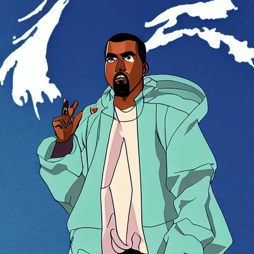 Prompt: kanye west as an anime character by hayao miyazaki, flat colors, finely detailed