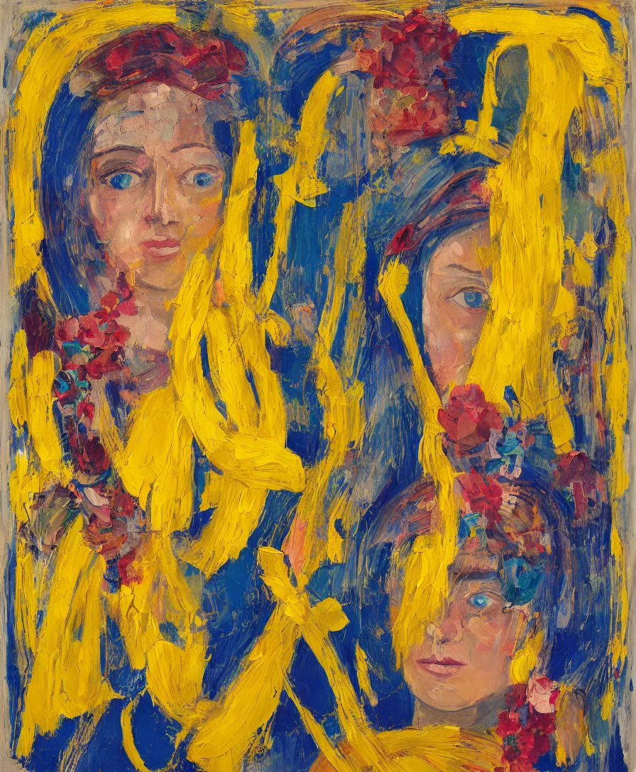 Image similar to portrait of a single priestess with flowers in her hair and a candle in her hand, yellow and blue ribbons, expressive abstractionism, many small saturated hard relief strokes of oil on canvas with high detail