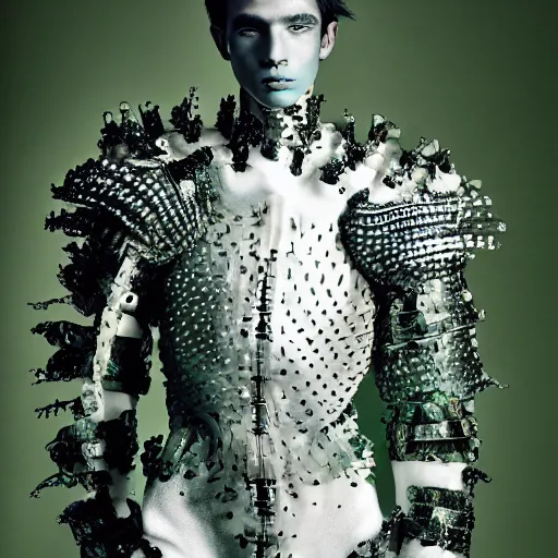 Image similar to a portrait of a beautiful young male wearing an alexander mcqueen armor made of algae , photographed by andrew thomas huang, artistic