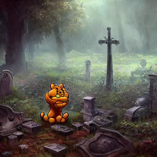 Prompt: an ancient, eldritch, and godlike garfield crying at a overgrown and abandoned grave trending on artstation deviantart pinterest photorealistic hd 8 k highlights and shadow detailed high resolution