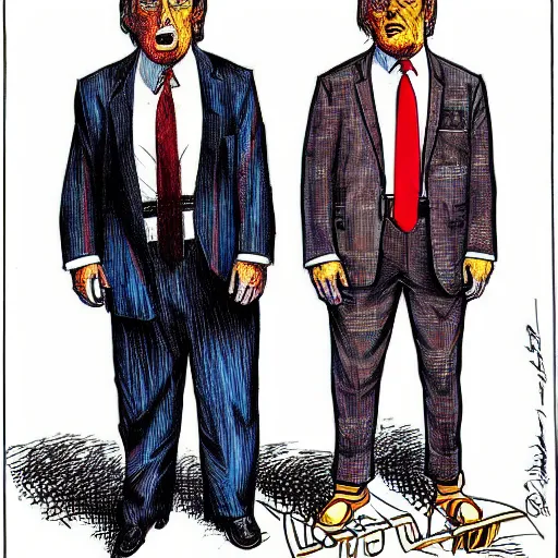 Image similar to !dream The Artwork of R. Crumb and his Cheap Suit Donald Trump and Jared Kushner, pencil and colored marker artwork, trailer-trash lifestyle