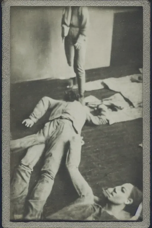 Image similar to man falling apart while a woman tries to hold the fallen parts, 1 9 1 0 polaroid photo