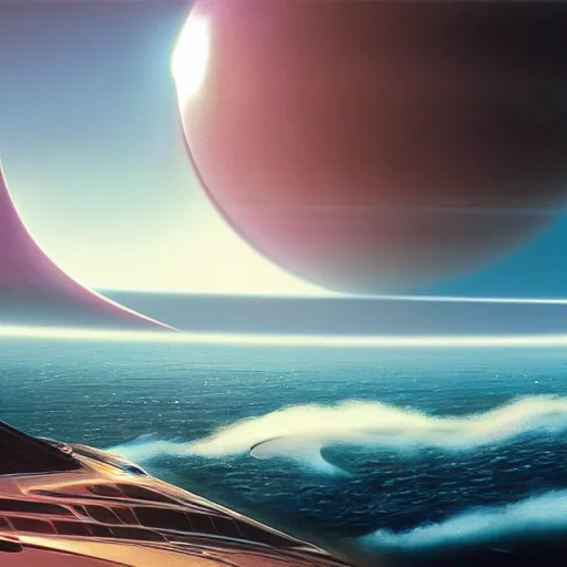 Prompt: beautiful matte painting of a dreamy ocean with clouds, sci - fi, daylight, blue sky, cinematic lighting, cinematic perspective, black hole planet above, syd mead, john harris, federico pelat, detailed, 4 k, hd
