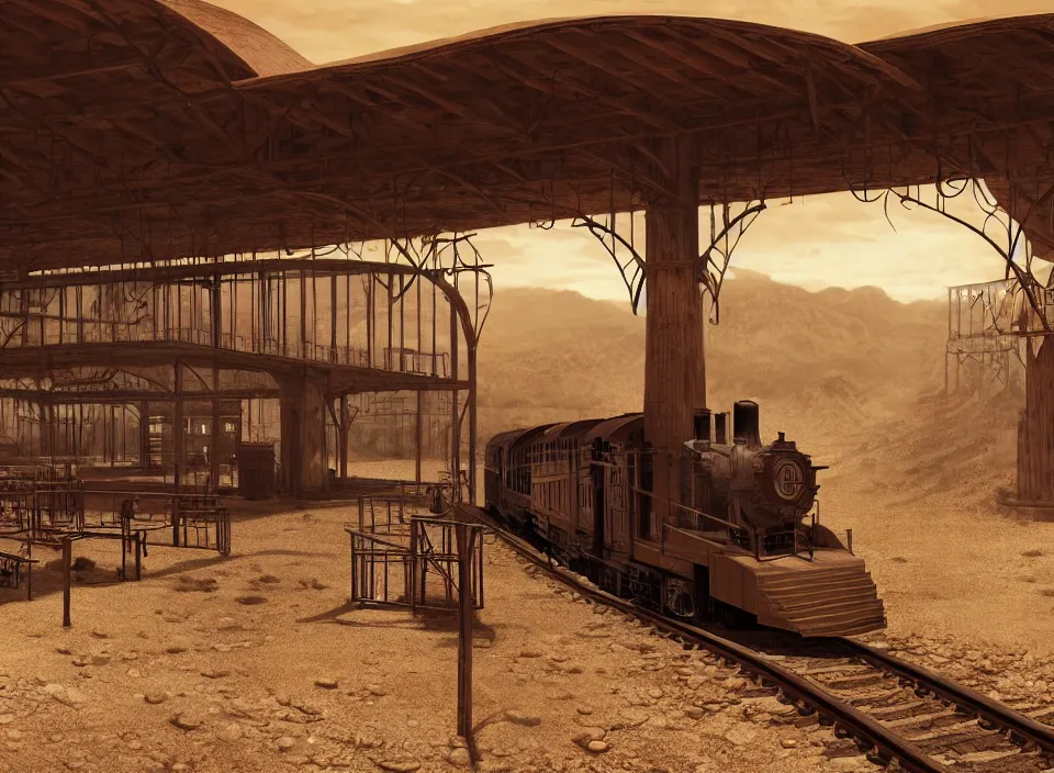 Prompt: a train station as the period of the wild west concept art, historical setting, desert environment, serene lighting, atmospheric, cinematic, gorgeous, in the style of diego koi, gina heyer, luiz escanuela, art by alyssa monk, hyperrealism, rule of thirds, golden ratio, oil on canvas, 8 k