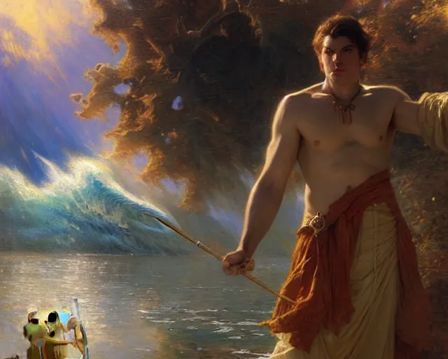 Image similar to attractive male wizard casting powerful giant tsunami spell in a beautiful lake. highly detailed painting by gaston bussiere, craig mullins, j. c. leyendecker 8 k