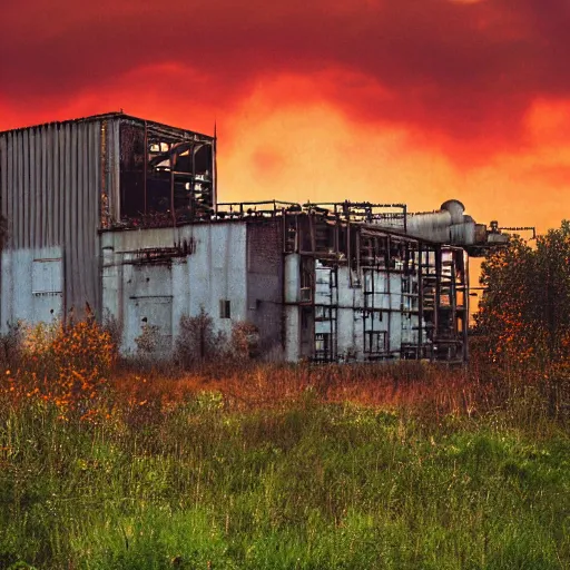 Prompt: pixel art landscape of an abandoned overgrown factory with orange sky, atmospheric