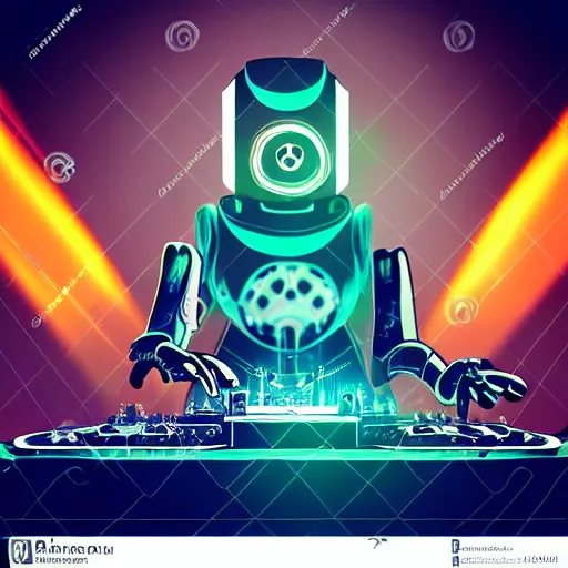 Image similar to futuristic atompunk robot dj at a techno music club, smoke in the air, very detailed, intricate, hyperrealistic, dark background, colored light