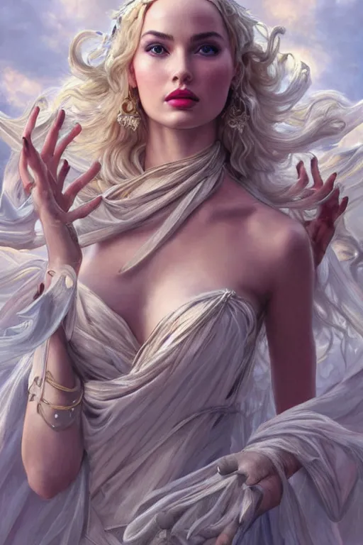 Prompt: ultra realistic illustration, a stunningly beautiful greek goddess of chaos played by dove cameron and margot robbie and taylor swift and megan fox, intricate, elegant, highly detailed, digital painting, artstation, concept art, smooth, sharp focus, illustration, art by artgerm and greg rutkowski and alphonse mucha