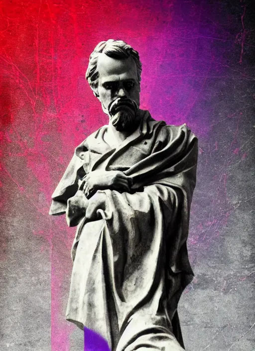 Prompt: elegant dark design poster showing a beautiful greco roman statue of friedrich nietzsche, black background with very subtle red and purple design elements, bold, powerful, nekro, vito acconci, thin straight purple lines, dark, glitch art, neo vaporwave, gritty, layout frame, square, trending on artstation