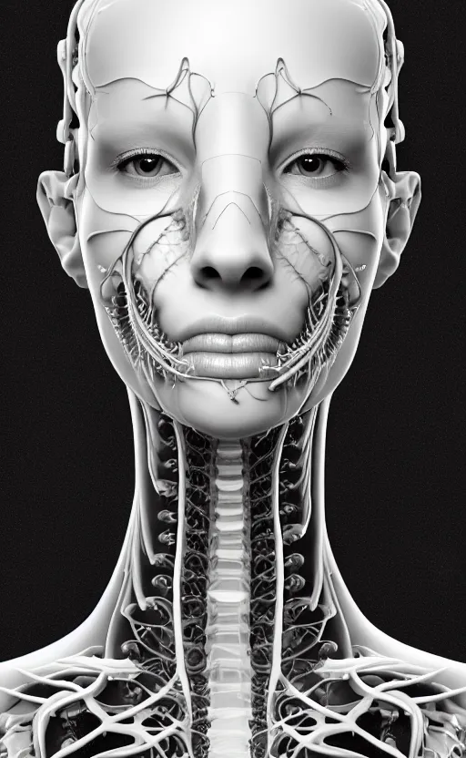 Image similar to a black and white 3D render of a beautiful profile face portrait of a female dragon-cyborg, 150 mm, flowers, Mandelbrot fractal, anatomical, flesh, facial muscles, wires, microchip, veins, arteries, full frame, microscopic, elegant, highly detailed, flesh ornate, elegant, high fashion, rim light, octane render in the style of H.R. Giger and Man Ray