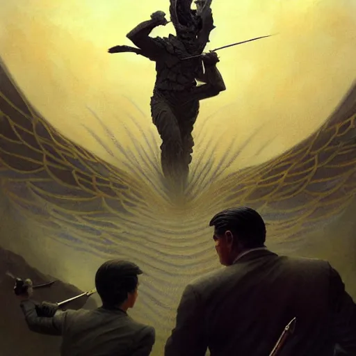 Image similar to highly detailed painting of ataturk fighting a looming demigod, dramatic, sense of scale, stephen bliss, unreal engine, greg rutkowski, ilya kuvshinov, ross draws, hyung tae and frank frazetta, tom bagshaw, tom whalen, nicoletta ceccoli, mark ryden, earl norem, global illumination, god rays, windswept