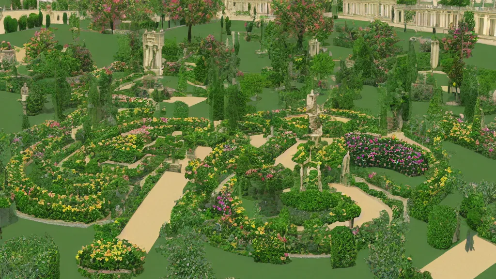 Image similar to versailles garden in an early 3 d low polygon style