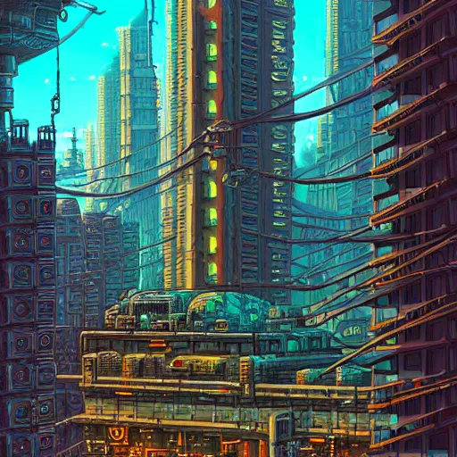 Image similar to mysterious cyberpunk building in the city, fantasy landscape, extremely detailed, sharp focus, pixelart, wide view, digital illustration, by dan mumford, greg rutowski, johan grenier