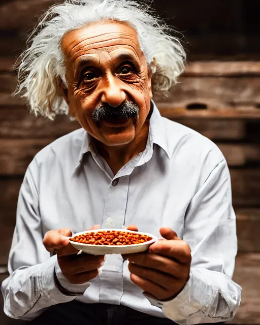 Image similar to A photo of Albert Einstein eating Rajma Chawal, highly detailed, trending on artstation, bokeh, 90mm, f/1.4