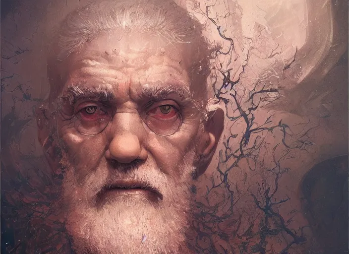 Image similar to a fractal old man 4 1 6 0 by greg rutkowski and ernt haeckel, vivid colour, trending on artstation