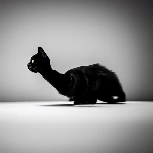 Image similar to national geographic photograph of a scheming black cat sitting in a white room