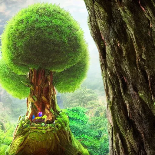 Image similar to deku tree from ocarina of time as a real tree, wide angle photo, full tree in frame, surrounded by rock walls, facial features on the tree look like an older man