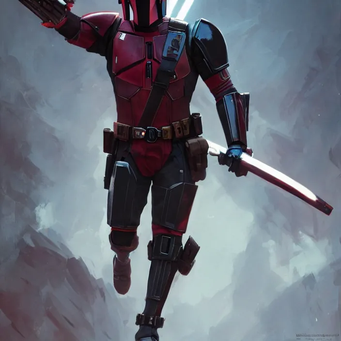 Image similar to mandalorian deadpool, futuristic, dramatic light, soft, sharp focus, concept art by greg rutkowski and ruan jia