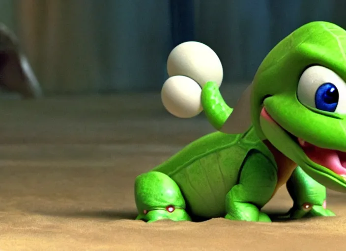 Image similar to film still of yoshi in the new sci - fi movie, cute upright dinosaur with a small turtle shell and long tongue, 8 k