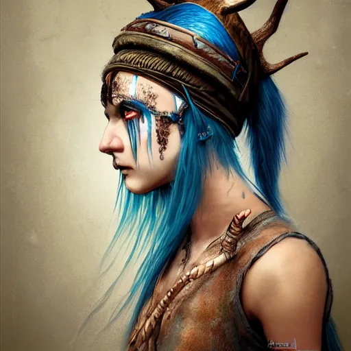 Image similar to A young female shaman, blue hair and antlers on her head, blindfolded, heilung, in the style of Heather Theurer, headshot photoshoot, artstation, made by karol bak