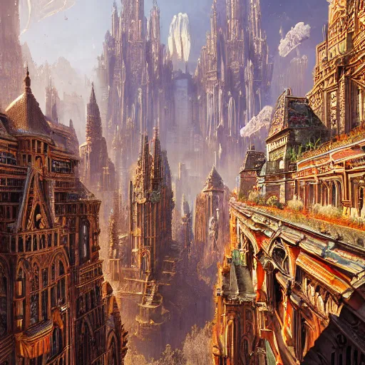 Prompt: a beauitful painting of a gilded gothic city made of bismuth and intricately detailed 3D mandelbulb motherboard brilliantly colored, reflective, panorama detailed matte painting by Henriette Grinda and Sparth and Jeff Simpson and beeple and Andy Grey, unreal engine, trending on behance, featured on artstation