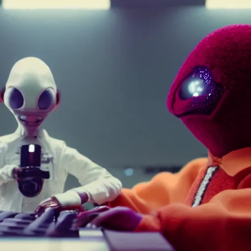 Image similar to cinematic film still of Pharrell Williams Making A Beat with an anthropomorphic alien, Japanese VFX, 2018, 400mm lens, f1.8, shallow depth of field,film photography