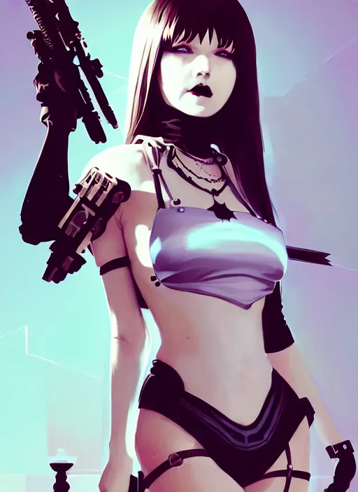 Prompt: portrait of cute goth maiden in cyber bikini armor, face by ilya kuvshinov, warhammer, cyberpunk, by atey ghailan, by greg rutkowski, by greg tocchini, by james gilleard, by joe fenton, by kaethe butcher, dynamic lighting, gradient light blue, brown, blonde cream and white color in scheme, grunge aesthetic