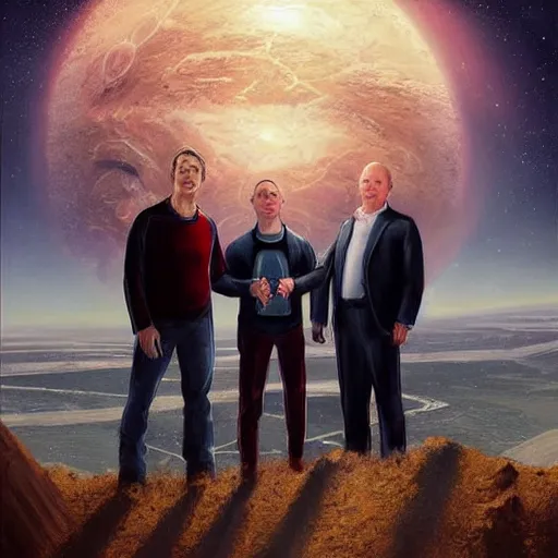 Image similar to portrait of elon musk, mark zuckerberg and jeff bezos together, looking at planet earth, very detailled, art contest winner on behance, trendy on deviant art, by by artgem, greg rutkowski