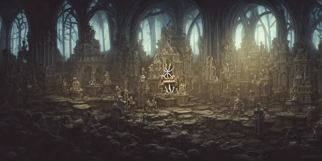 Prompt: full color, low ultrawide interior shot of sedlec ossuary, bones, smooth concept art in anime style mixed with fujifilm, dark, foggy, atmospheric, artstation, cgsociety, rendered, denoise, cinematic masterpiece