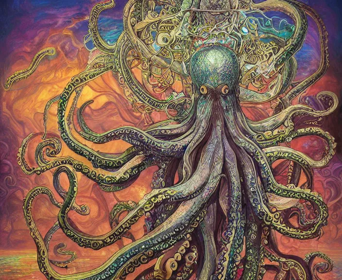 Image similar to portrait of an octopus goddess, full body shot, rule of thirds, wide angle, amazing landscape in background, magic realism, fantasy, whimsical, horror, art by riot games and chengwei pan and josephine wall and amanda sage and alphonse mucha, intricately detailed, highly detailed, luxurious, elegant, clean, unsettling, trending on artstation