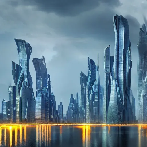 Prompt: Wide shot of colossal futuristic megacity towering across the landscape, thunder storm, Ralph McQuarrie, EOS-1D, f/16, ISO 200, 1/160s, 8K