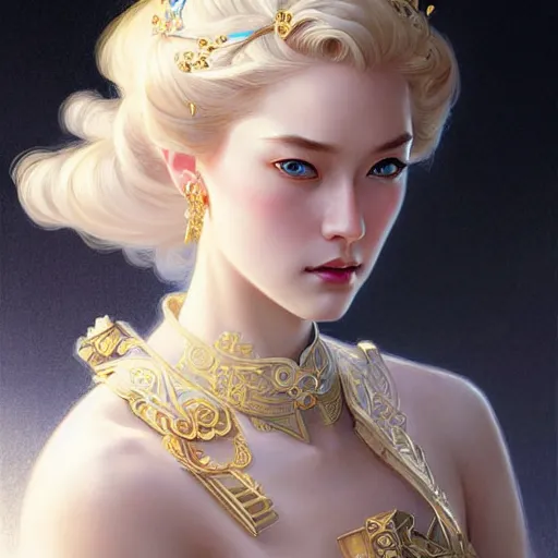 Prompt: elegant Chinese princess, D&D, blue eyes, blonde hair, fantasy, intricate, elegant, highly detailed, digital painting, artstation, concept art, smooth, sharp focus, illustration, art by artgerm and greg rutkowski and alphonse mucha