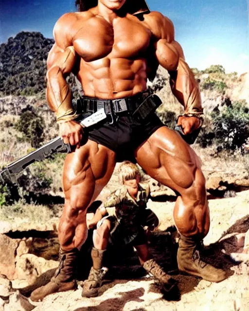 Image similar to young arnold photoshoot of commando versus rambi. young arnold schwarzenegger as matrix, from commando and young sylvester stallone as rambo, photoshoot in the style of annie leibovitz,