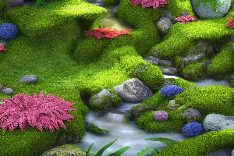 Image similar to hyper realistic detailed render of a heavenly garden of peace, eden filled with trees, stone slab, colourful flowers, moss, ferns, a girl meditating at a distance, small stream or puddles, birds, trending on artstation, volumetric lighting, hyper realistic, hyper detailed, high quality render, blender guru,