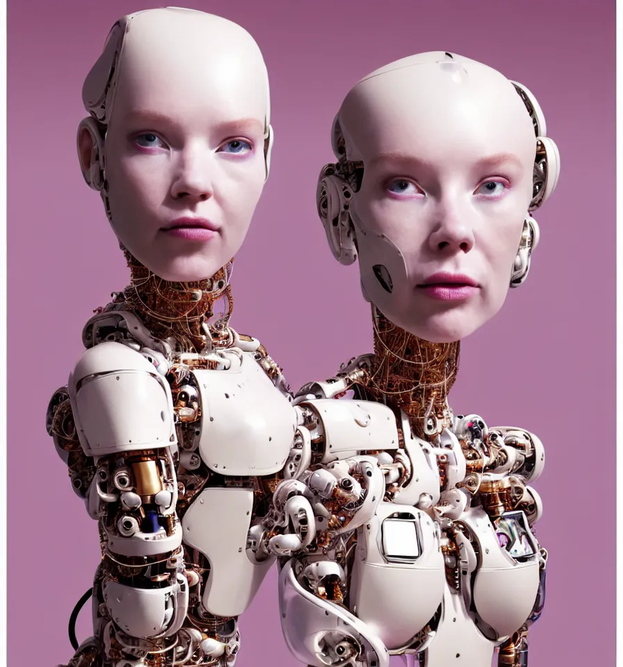 Image similar to portrait of a futuristic cyborg robot wearing a gold pipes fitted beauty mask and pink hair buns, wearing a black bodysuit by alexander mcqueen, cream white background, perfectly symmetric, soft diffused light, biotechnology, humanoid robot, hanging electrical cables and pipes, bjork aesthetic, translucent, by rineke dijkstra, intricate details, highly detailed, masterpiece,