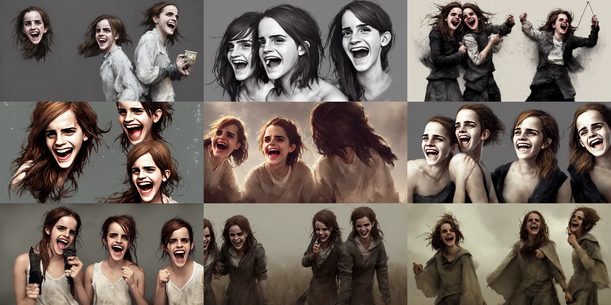 Prompt: emma watson identical twins laughing greg rutkowski!!! canon eos david bailey