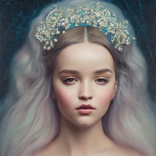 Prompt: tom bagshaw portrait, beautiful asian mix of dove cameron madison beer bella poarch in a full dress body, etheral makeup, ornamentals, professionally retouched, focus eyes, ultra realistic soft painting, insanely detailed linework, symmetrical accurate intricate features, behance, 8 k