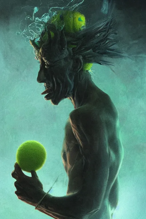 Prompt: portrait of tennis ball monster wielding a tennis racket, visible aura of madness distorting the surroundings, occult details, greg rutkowski style, high quality, 8 k,