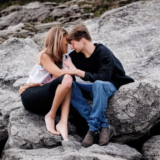 Image similar to boyfriend and girlfriend sitting together on a large square rock,