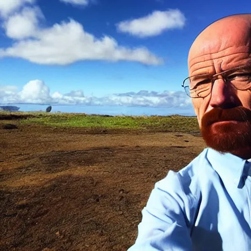 Image similar to walter white taking a selfie on rapa nui