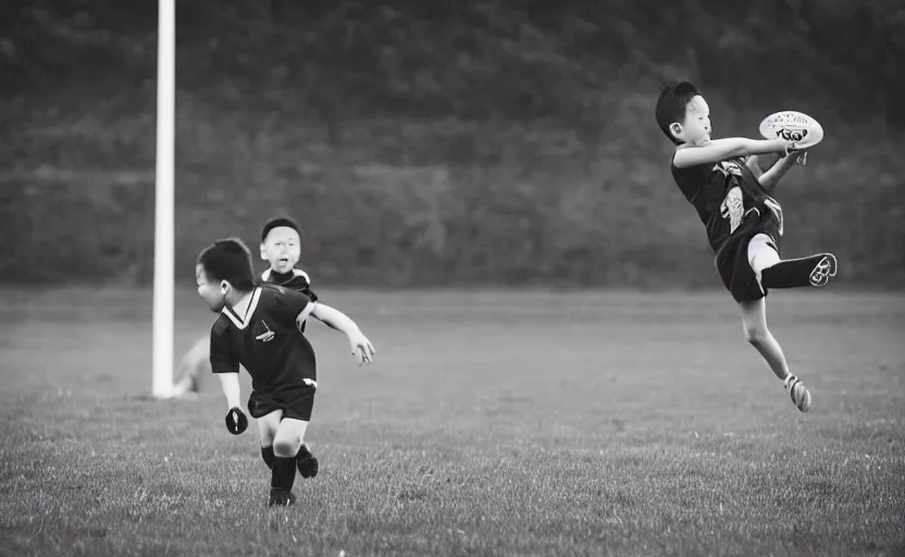 Prompt: Justin Sun kicking, baby flying through a field goal, professional Australian Rules Football photography